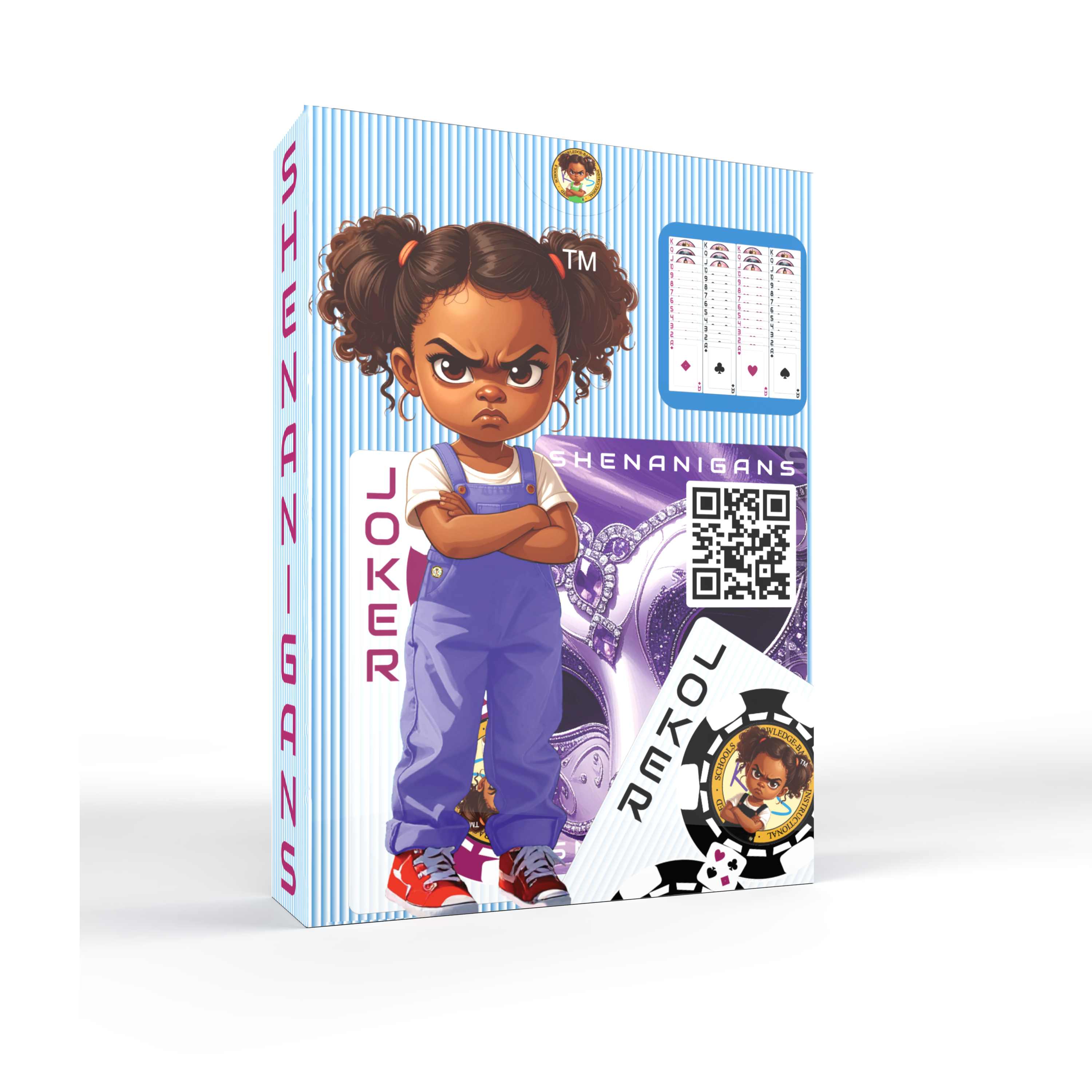 Hokkyoku Arashi™ SHENANIGANS Family Playing Cards & Game packaging featuring the Hokkyoku Arashi™ character, side and back view, on a transparent background. Copyright ©2026. Hokkyoku Arashi™ — All Rights Reserved. HokkyokuArashi.com