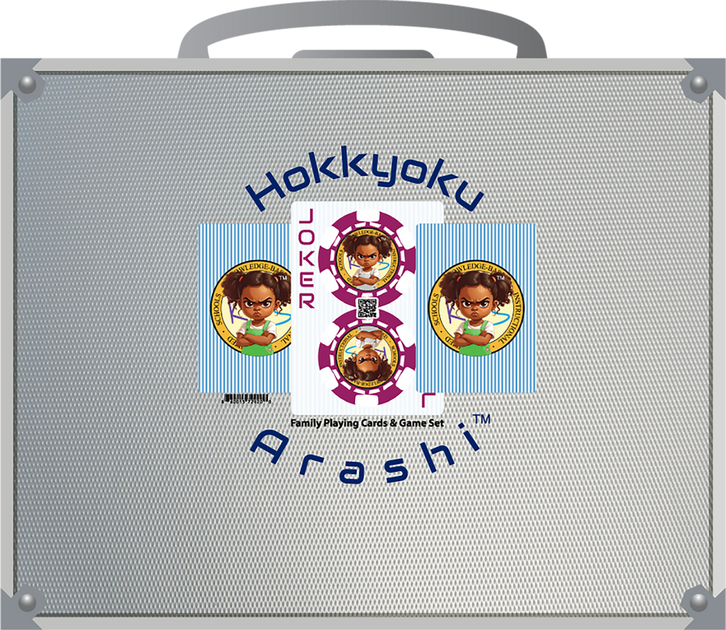 Hokkyoku Arashi™ SHENANIGANS Family Playing Cards & Game Set featuring the Hokkyoku Arashi™ character, bundled with Hokkyoku Arashi Currency™ in a premium anodized aluminum case, perfect gift for families and game night. Copyright ©2026. Hokkyoku Arashi™ — All Rights Reserved. HokkyokuArashi.com