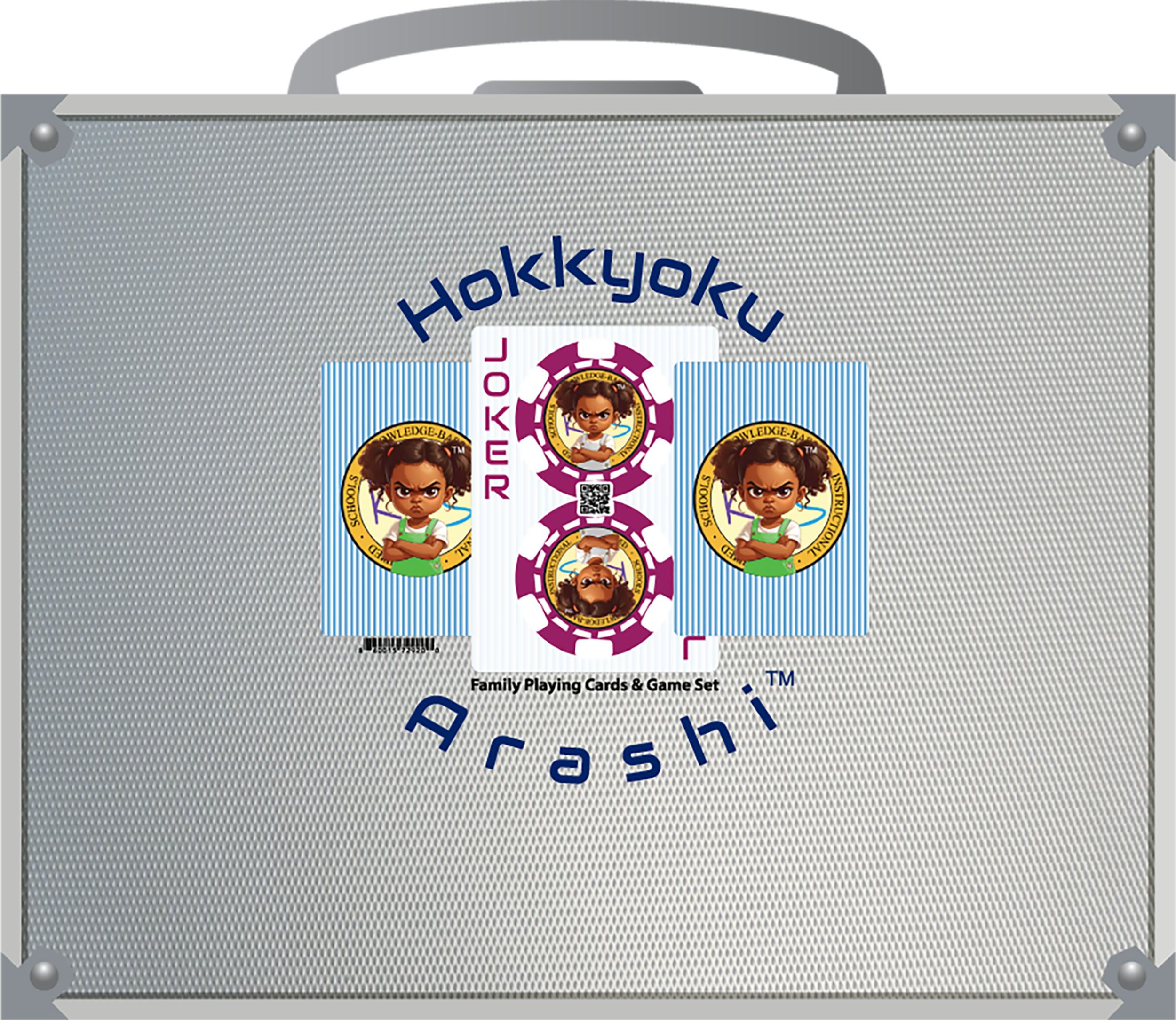 Hokkyoku Arashi™ SHENANIGANS Family Playing Cards & Game Set featuring the Hokkyoku Arashi™ character, bundled with Hokkyoku Arashi Currency™ in a premium anodized aluminum case, perfect gift for families and game night. Copyright ©2026. Hokkyoku Arashi™ — All Rights Reserved. HokkyokuArashi.com
