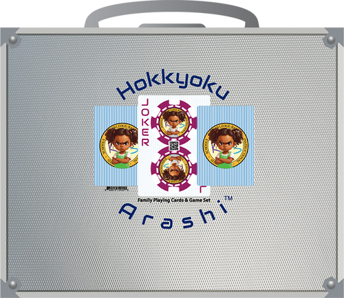 Hokkyoku Arashi™ SHENANIGANS Family Playing Cards & Game Set featuring the Hokkyoku Arashi™ character, bundled with Hokkyoku Arashi Currency™ in a premium anodized aluminum case, perfect gift for families and game night. Copyright ©2026. Hokkyoku Arashi™ — All Rights Reserved. HokkyokuArashi.com