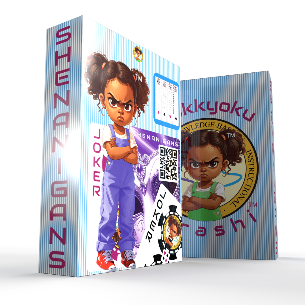 Hokkyoku Arashi™ SHENANIGANS Family Playing Cards & Game Set packaging featuring the Hokkyoku Arashi™ character, front and back view, on a transparent background. Copyright ©2026. Hokkyoku Arashi™ — All Rights Reserved. HokkyokuArashi.com