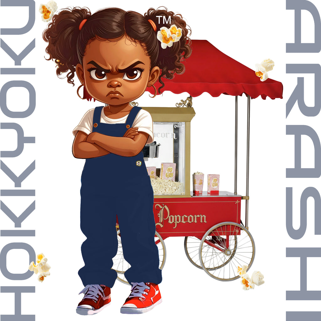 Hokkyoku Arashi™ standing arms crossed in front of a classic red popcorn cart — official Apple Podcast artwork for The Case of The Insistent Crunch