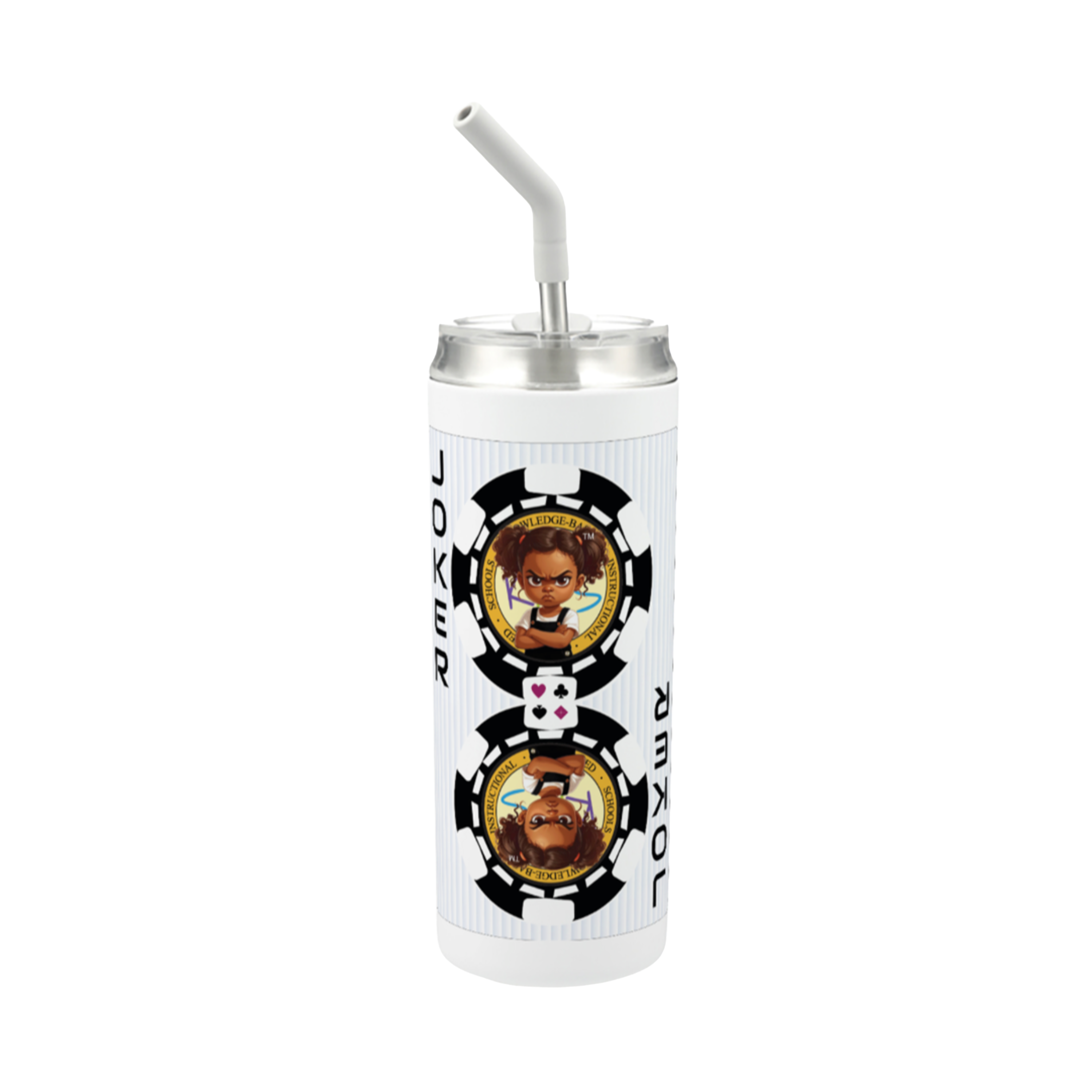 Hokkyoku Arashi™ 20 oz stainless steel tumbler with straw, front view featuring Hokkyoku Arashi™ SHENANIGANS' Black Joker direct UV print on powder coat finish. Copyright ©2026. Hokkyoku Arashi™ — All Rights Reserved. HokkyokuArashi.com