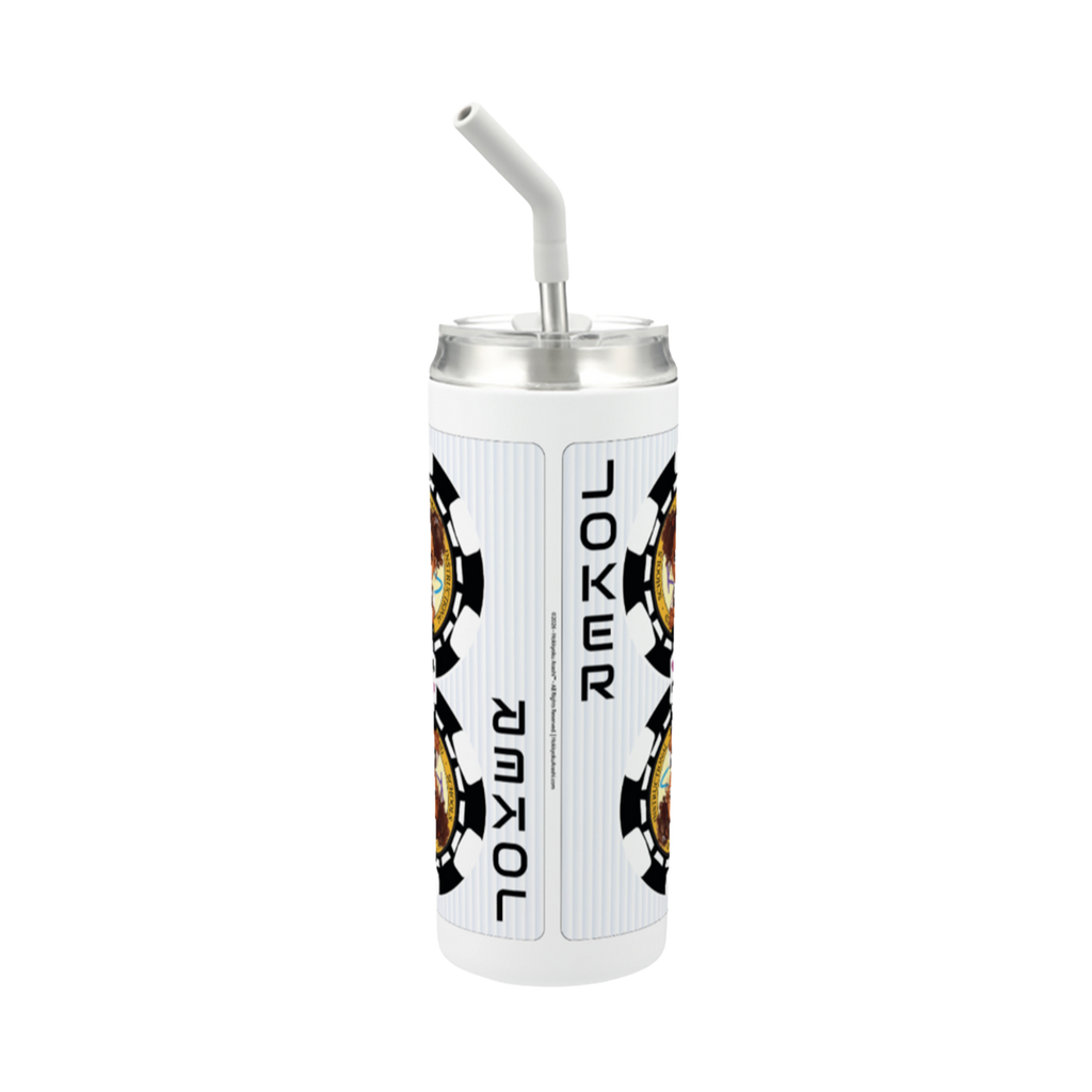 Hokkyoku Arashi™ 20 oz stainless steel tumbler with straw, side view featuring Hokkyoku Arashi™ SHENANIGANS' Black Joker direct UV print on powder coat finish. Copyright ©2026. Hokkyoku Arashi™ — All Rights Reserved. HokkyokuArashi.com