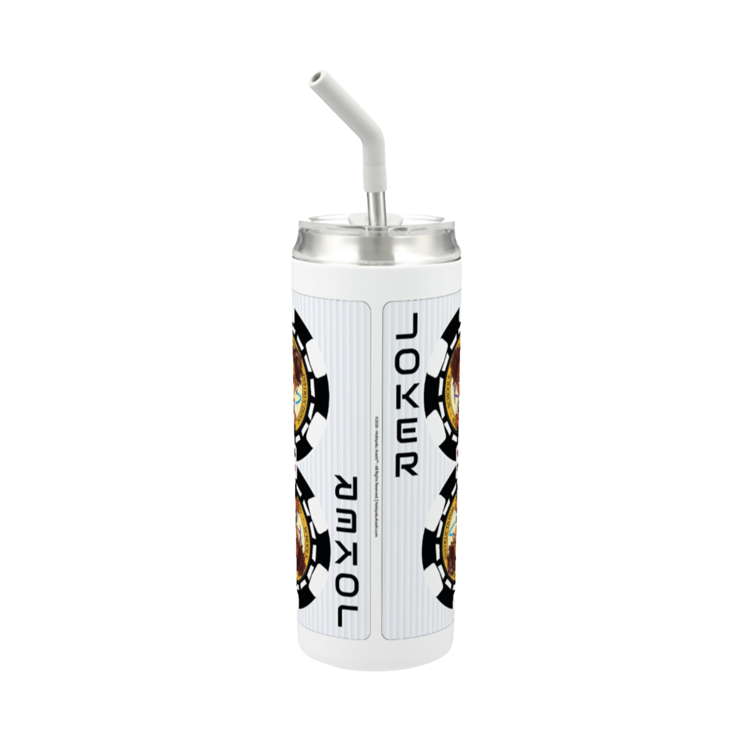 Hokkyoku Arashi™ 20 oz stainless steel tumbler with straw, side view featuring Hokkyoku Arashi™ SHENANIGANS' Black Joker direct UV print on powder coat finish. Copyright ©2026. Hokkyoku Arashi™ — All Rights Reserved. HokkyokuArashi.com