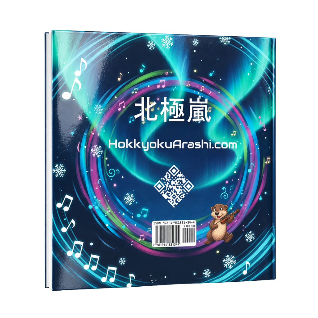 Back cover of Sing Along Happy Songs with Hokkyoku hardback picture storybook featuring 北極嵐 (Hokkyoku Arashi) in Japanese, HokkyokuArashi.com, a QR code, and an otter playing violin beside the ISBN barcode under swirling northern lights. 

Copyright © 2026 • Dr. Parker | Entanglement Books™ & Hokkyoku Arashi™ & Entanglement Books KIDS™ • All Rights Reserved.