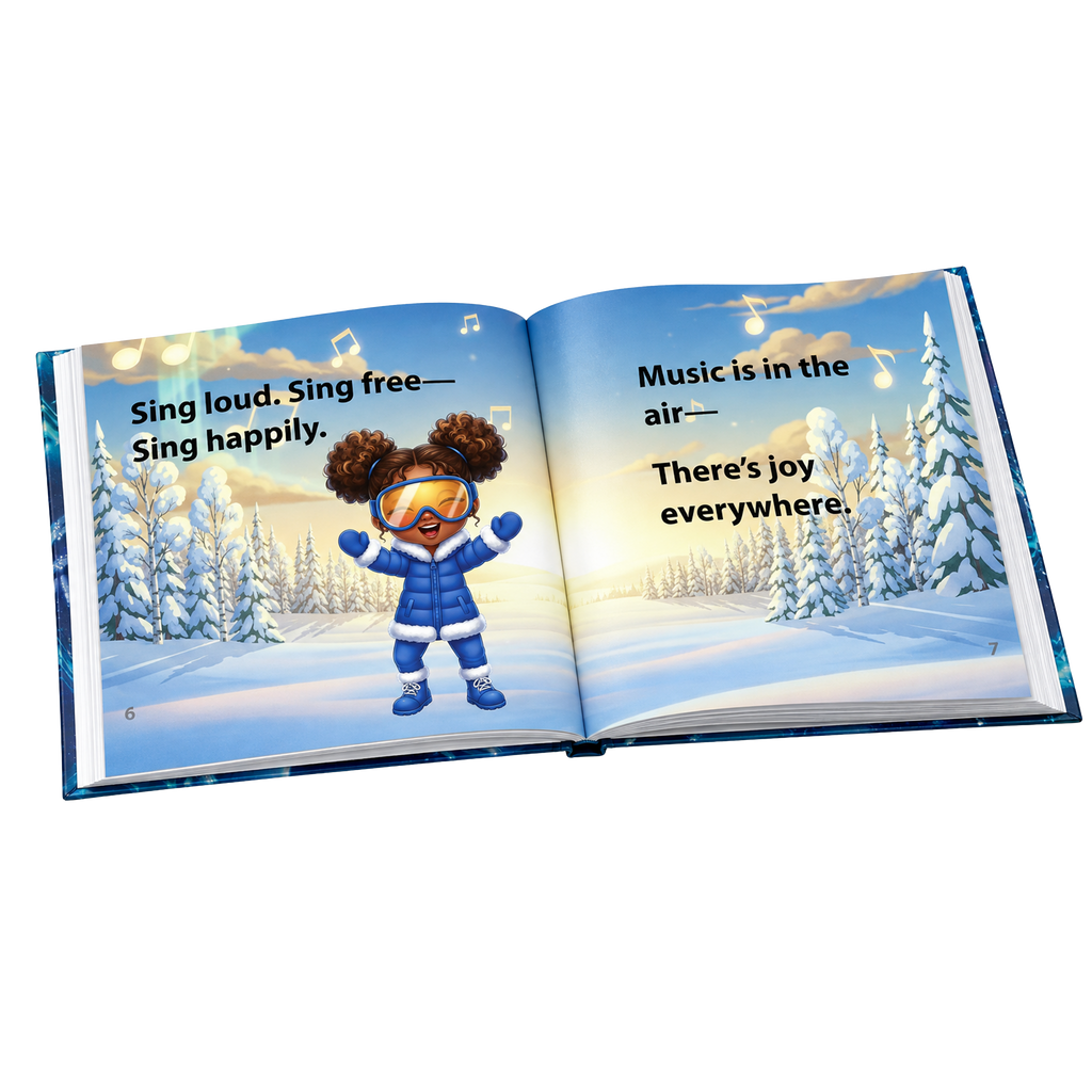 Open hardback of Sing Along Happy Songs with Hokkyoku showing pages 6 and 7: Hokkyoku cheers in a blue snowsuit and orange-lens goggles in a snowy sunrise forest, with the lyrics "Sing loud. Sing free— Sing happily." and "Music is in the air— There's joy everywhere." 

Copyright © 2026 • Dr. Parker | Entanglement Books™ & Hokkyoku Arashi™ & Entanglement Books KIDS™ • All Rights Reserved.