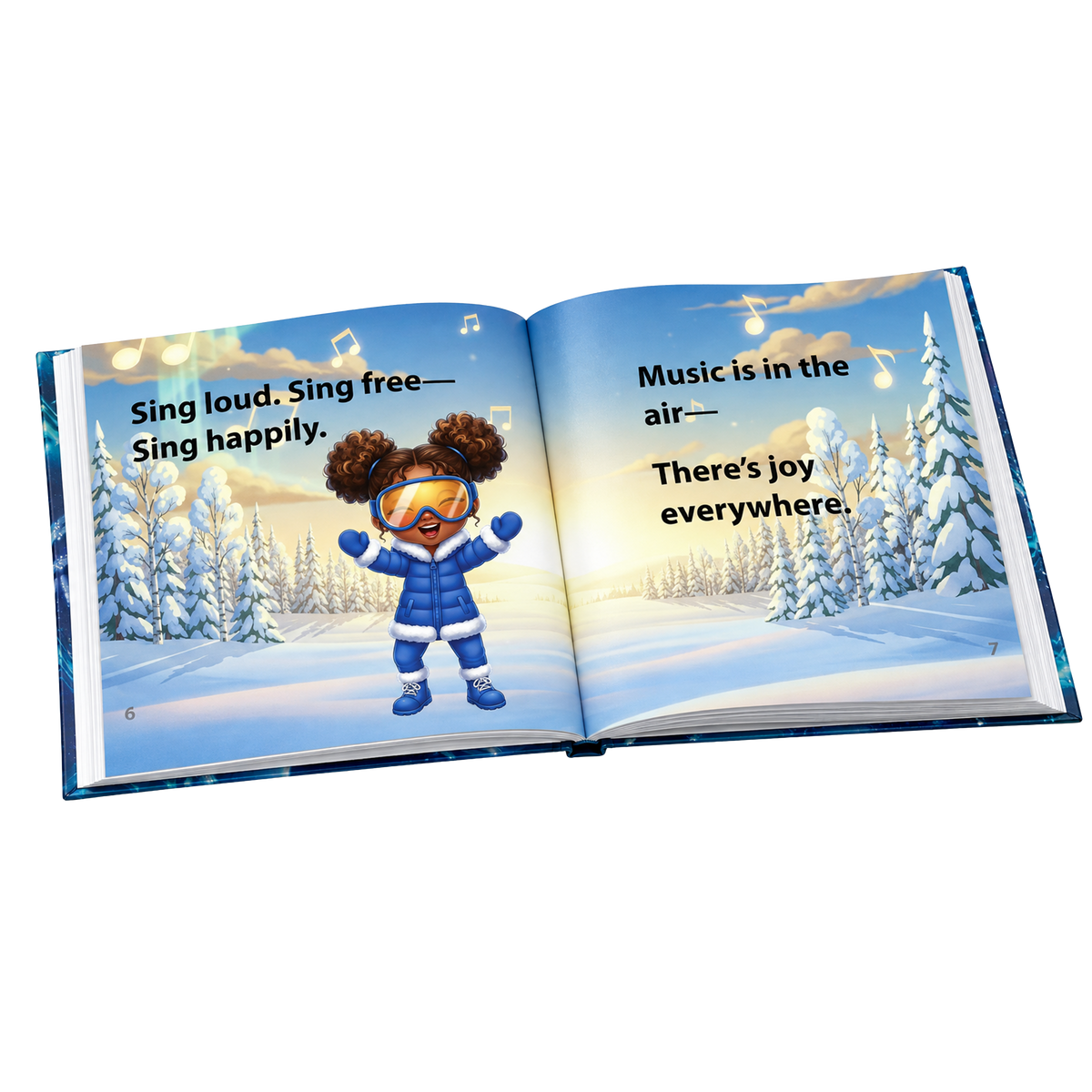 Open hardback of Sing Along Happy Songs with Hokkyoku showing pages 6 and 7: Hokkyoku cheers in a blue snowsuit and orange-lens goggles in a snowy sunrise forest, with the lyrics "Sing loud. Sing free— Sing happily." and "Music is in the air— There's joy everywhere." 

Copyright © 2026 • Dr. Parker | Entanglement Books™ & Hokkyoku Arashi™ & Entanglement Books KIDS™ • All Rights Reserved.
