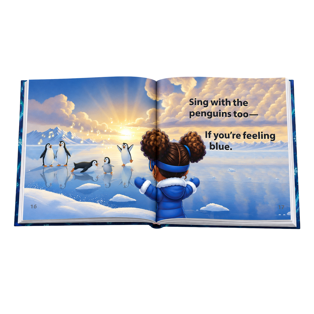Open hardback of Sing Along Happy Songs with Hokkyoku showing pages 16 and 17: Hokkyoku, seen from behind in her blue snowsuit, conducts five singing penguins on a glittering icy shore at sunrise, with the lyrics "Sing with the penguins too— If you're feeling blue." 

Copyright © 2026 • Dr. Parker | Entanglement Books™ & Hokkyoku Arashi™ & Entanglement Books KIDS™ • All Rights Reserved.
