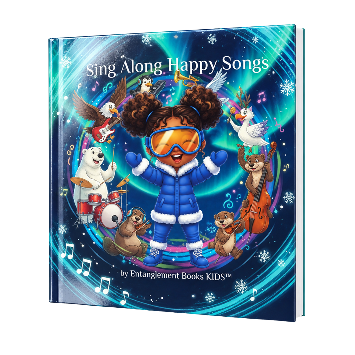 Sing Along Happy Songs with Hokkyoku hardback picture storybook shown standing at a three-quarter angle, highlighting the glossy cover and sturdy hardback edge, with Hokkyoku and her musical arctic friends under the northern lights. 

Copyright © 2026 • Dr. Parker | Entanglement Books™ & Hokkyoku Arashi™ & Entanglement Books KIDS™ • All Rights Reserved.