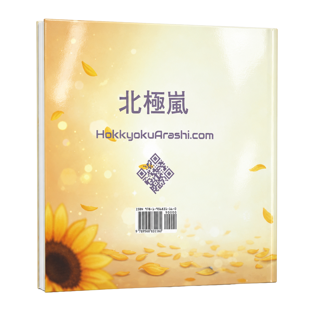 Back cover of I'm No Frankenstein hardback picture storybook featuring 北極嵐 (Hokkyoku Arashi) in Japanese, HokkyokuArashi.com, a QR code, and the ISBN barcode, with a sunflower and drifting golden petals in warm sunlight.

Copyright © 2026 • Dr. Parker | Entanglement Books™ & Hokkyoku Arashi™ & Entanglement Books KIDS™ • All Rights Reserved.