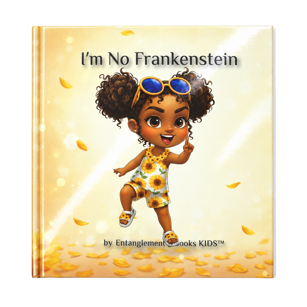 Front cover of I'm No Frankenstein hardback picture storybook: Hokkyoku dances with a big smile in a sunflower-print outfit, sunflower sandals, and blue-lens sunglasses atop her curly buns, surrounded by drifting golden petals in warm sunlight.

Copyright © 2026 • Dr. Parker | Entanglement Books™ & Hokkyoku Arashi™ & Entanglement Books KIDS™ • All Rights Reserved.