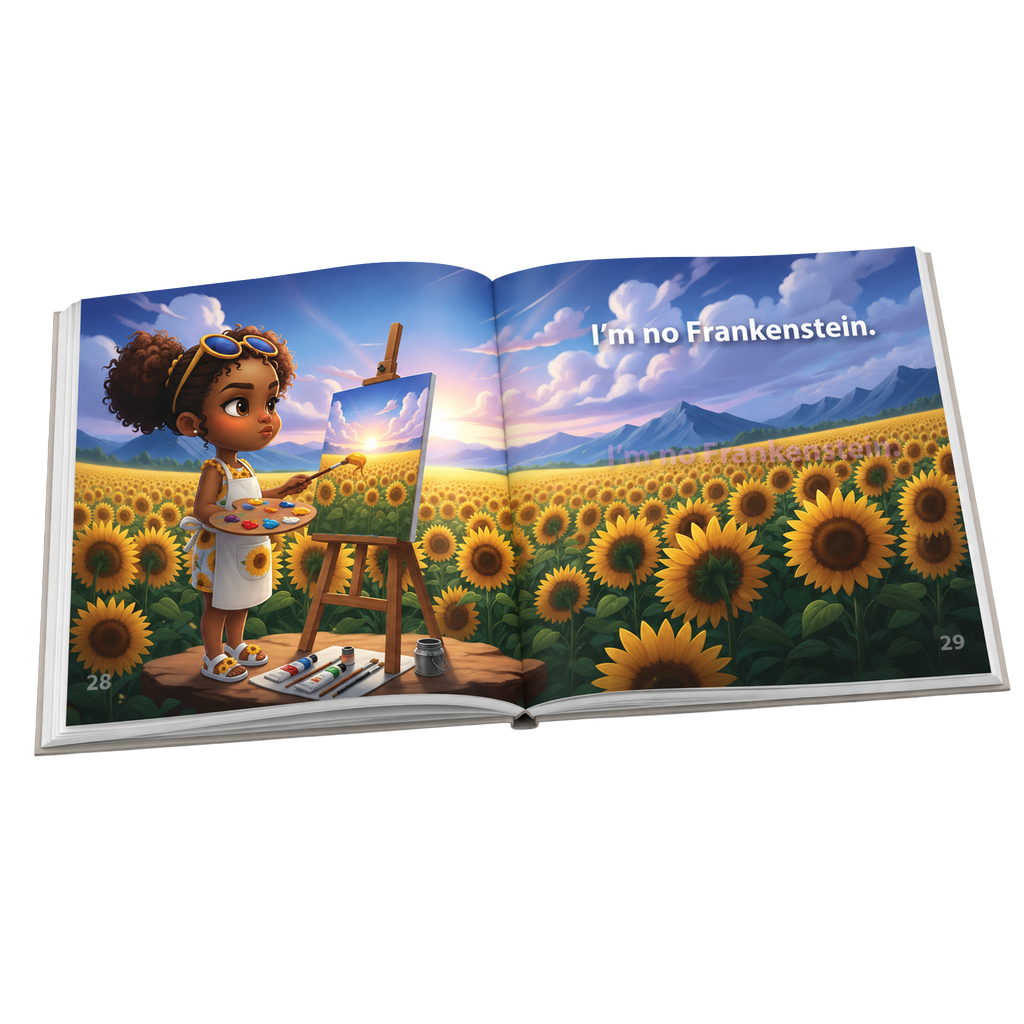Open hardback of I'm No Frankenstein showing pages 28 and 29: Hokkyoku, in a white apron and her sunflower outfit, paints a sunrise at an easel in a vast sunflower field beneath purple mountains, with the words "I'm no Frankenstein."

Copyright © 2026 • Dr. Parker | Entanglement Books™ & Hokkyoku Arashi™ & Entanglement Books KIDS™ • All Rights Reserved.