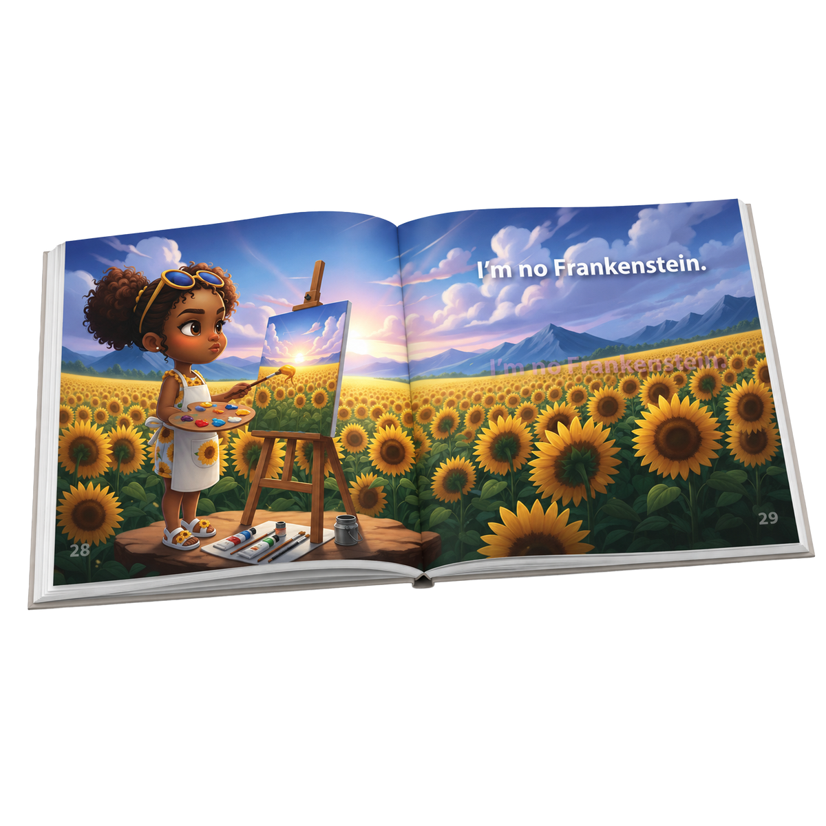 Open hardback of I'm No Frankenstein showing pages 28 and 29: Hokkyoku, in a white apron and her sunflower outfit, paints a sunrise at an easel in a vast sunflower field beneath purple mountains, with the words "I'm no Frankenstein."

Copyright © 2026 • Dr. Parker | Entanglement Books™ & Hokkyoku Arashi™ & Entanglement Books KIDS™ • All Rights Reserved.
