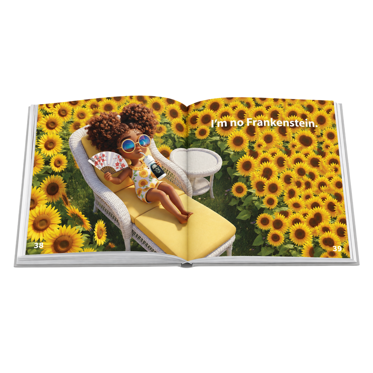 Open hardback of I'm No Frankenstein showing pages 38 and 39: Hokkyoku lounges on a white wicker chaise in a sea of sunflowers, wearing blue-mirrored sunglasses and her sunflower outfit, fanning herself and sipping a drink, with the words "I'm no Frankenstein."

Copyright © 2026 • Dr. Parker | Entanglement Books™ & Hokkyoku Arashi™ & Entanglement Books KIDS™ • All Rights Reserved.