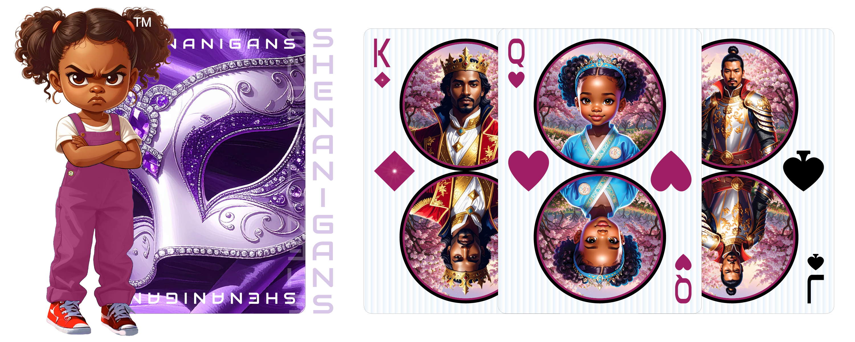 Hokkyoku Arashi™ SHENANIGANS Family Playing Cards & Game™ — Hokkyoku character in mauve overalls standing beside the SHENANIGANS™ jeweled masquerade card design, alongside the King of Diamonds, Queen of Hearts, and Jack of Spades playing cards featuring original Hokkyoku Arashi™ character artwork of the Hokkyoku Aristocracy. 

Copyright ©2026. Hokkyoku Arashi™ — All Rights Reserved. 

HokkyokuArashi.com