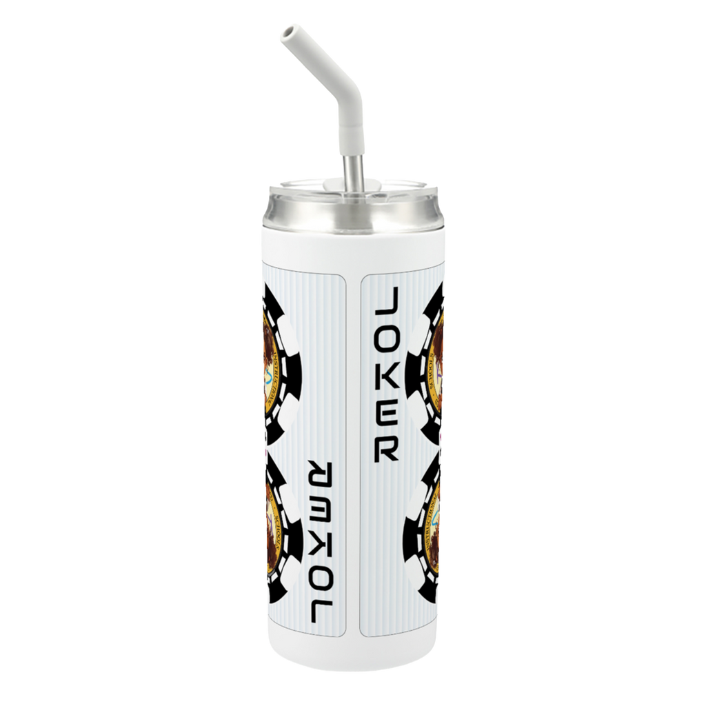 Hokkyoku Arashi™ 20 oz stainless steel tumbler with straw, side view featuring Hokkyoku Arashi™ SHENANIGANS™ Black Joker character art direct UV print on white powder coat finish. Copyright ©2026. Hokkyoku Arashi™ — All Rights Reserved. HokkyokuArashi.com