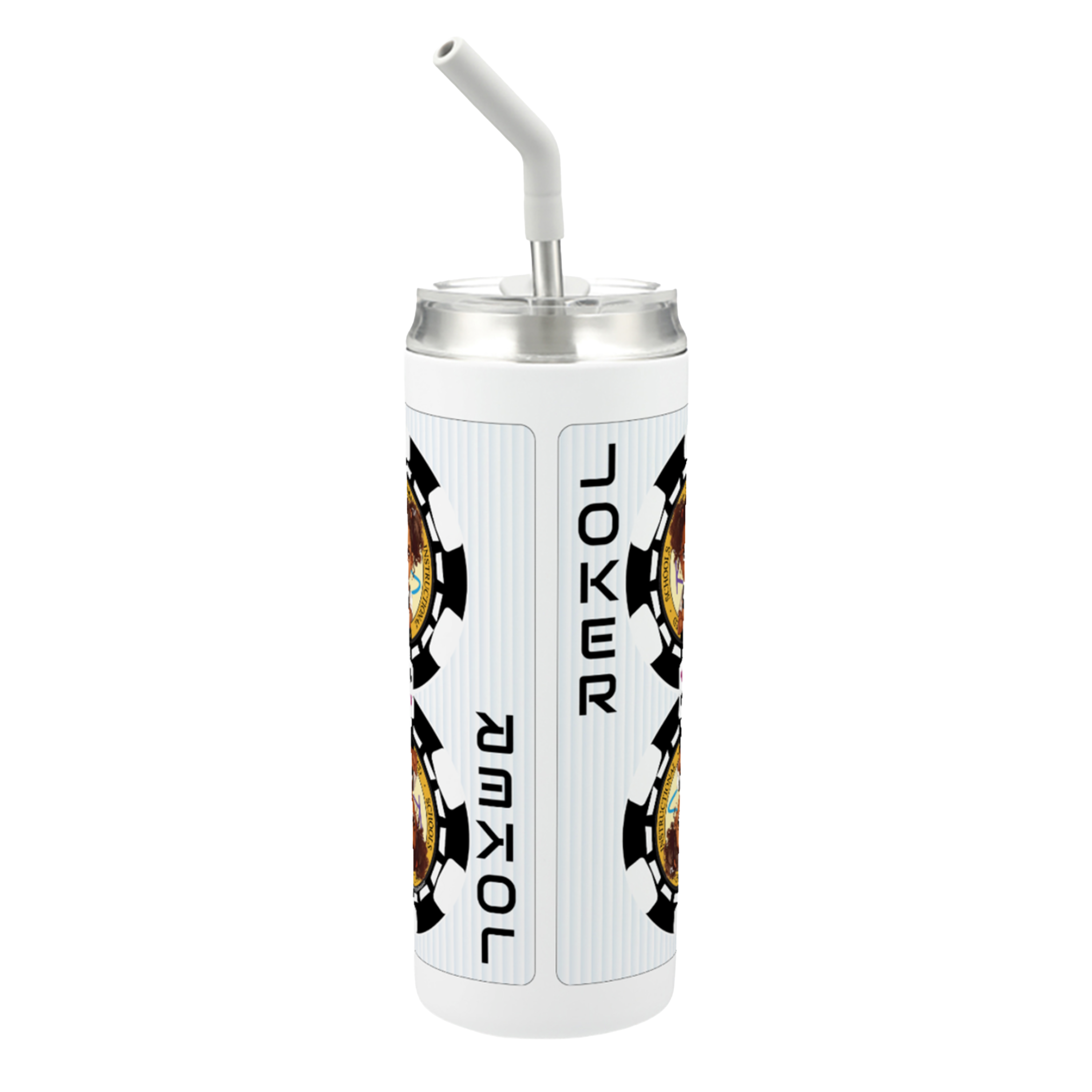 Hokkyoku Arashi™ 20 oz stainless steel tumbler with straw, side view featuring Hokkyoku Arashi™ SHENANIGANS™ Black Joker character art direct UV print on white powder coat finish. Copyright ©2026. Hokkyoku Arashi™ — All Rights Reserved. HokkyokuArashi.com