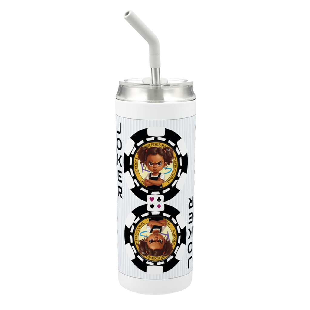 Hokkyoku Arashi™ 20 oz stainless steel tumbler with straw, front view featuring Hokkyoku Arashi™ SHENANIGANS™ Black Joker character art direct UV print on white powder coat finish. Copyright ©2026. Hokkyoku Arashi™ — All Rights Reserved. HokkyokuArashi.com