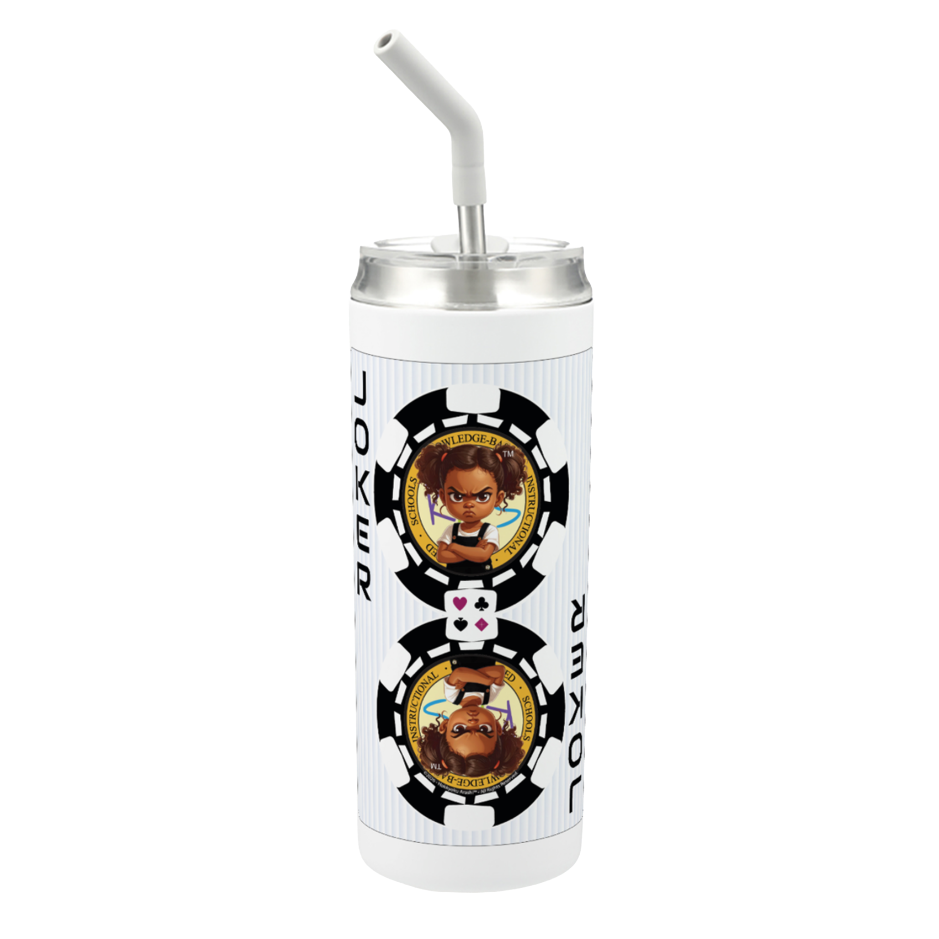 Hokkyoku Arashi™ 20 oz stainless steel tumbler with straw, front view featuring Hokkyoku Arashi™ SHENANIGANS™ Black Joker character art direct UV print on white powder coat finish. Copyright ©2026. Hokkyoku Arashi™ — All Rights Reserved. HokkyokuArashi.com