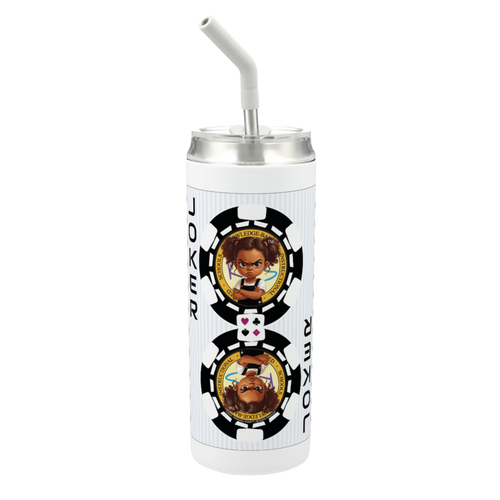 Hokkyoku Arashi™ 20 oz stainless steel tumbler with straw, front view featuring Hokkyoku Arashi™ SHENANIGANS™ Black Joker character art direct UV print on white powder coat finish. Copyright ©2026. Hokkyoku Arashi™ — All Rights Reserved. HokkyokuArashi.com