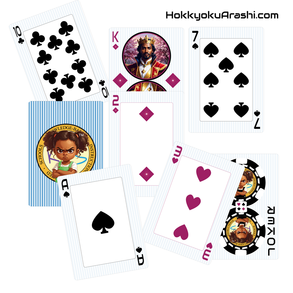 Scattered playing cards from the Hokkyoku Arashi™ SHENANIGANS Family Playing Cards & Game™ deck, featuring the 10 of Clubs, King of Diamonds, 7 of Spades, 2 of Diamonds, Ace of Spades, 3 of Hearts, and Joker cards alongside the branded blue striped card back with the Hokkyoku Arashi™ character medallion. 

Copyright ©2026. Hokkyoku Arashi™ — All Rights Reserved. 

HokkyokuArashi.com