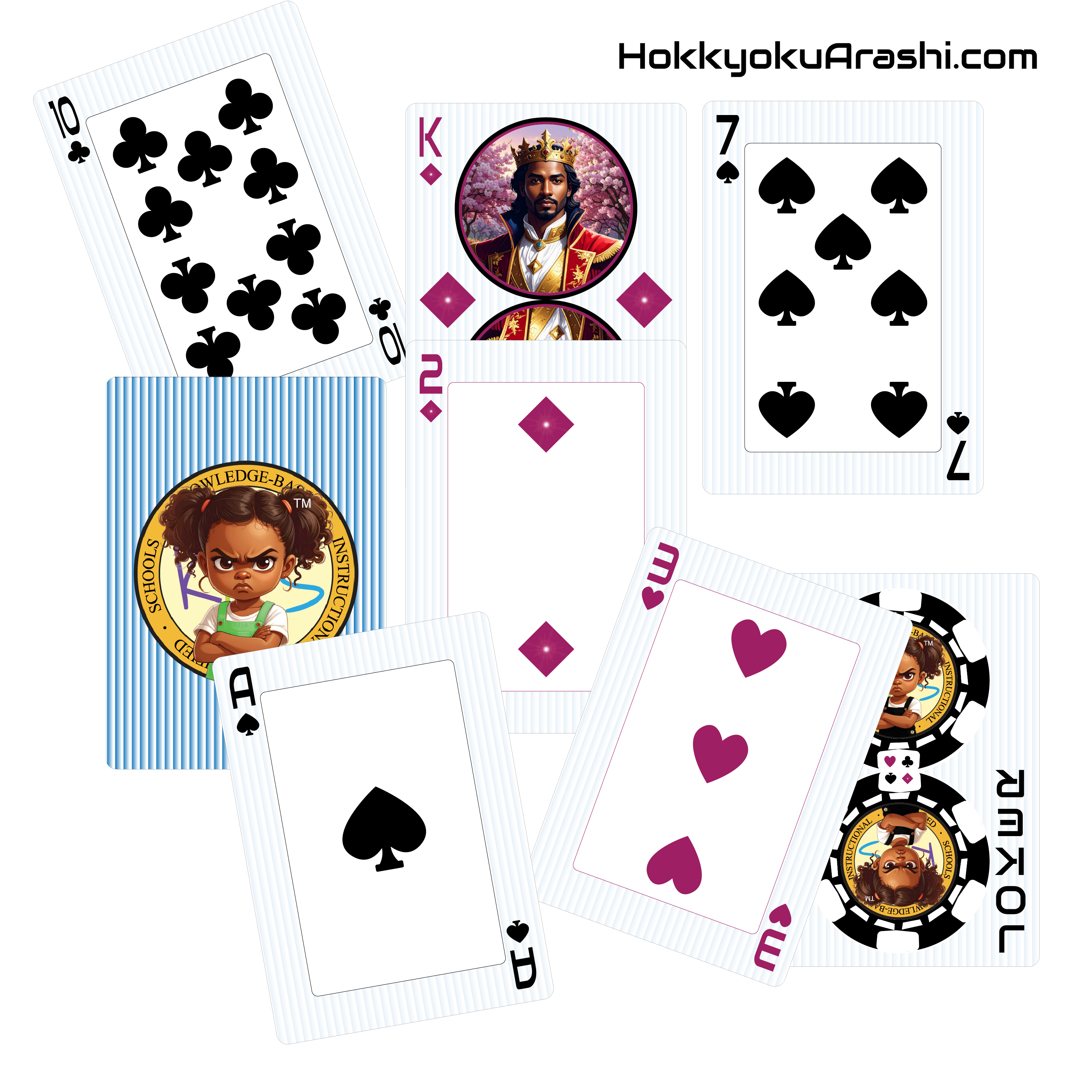 Scattered playing cards from the Hokkyoku Arashi™ SHENANIGANS Family Playing Cards & Game™ deck, featuring the 10 of Clubs, King of Diamonds, 7 of Spades, 2 of Diamonds, Ace of Spades, 3 of Hearts, and Joker cards alongside the branded blue striped card back with the Hokkyoku Arashi™ character medallion. 

Copyright ©2026. Hokkyoku Arashi™ — All Rights Reserved. 

HokkyokuArashi.com