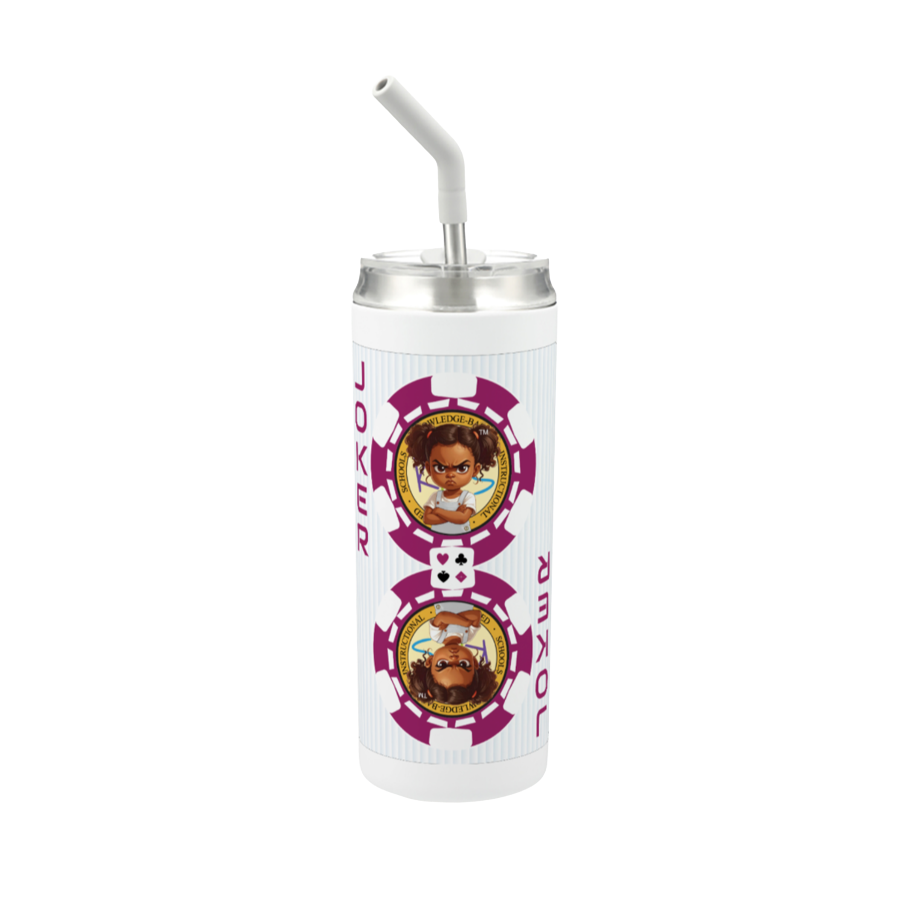 Hokkyoku Arashi™ 20 oz stainless steel tumbler with straw, front view featuring Hokkyoku Arashi™ SHENANIGANS' Red Joker direct UV print on powder coat finish. Copyright ©2026. Hokkyoku Arashi™ — All Rights Reserved. HokkyokuArashi.com
