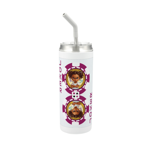 Hokkyoku Arashi™ 20 oz stainless steel tumbler with straw, front view featuring Hokkyoku Arashi™ SHENANIGANS' Red Joker direct UV print on powder coat finish. Copyright ©2026. Hokkyoku Arashi™ — All Rights Reserved. HokkyokuArashi.com
