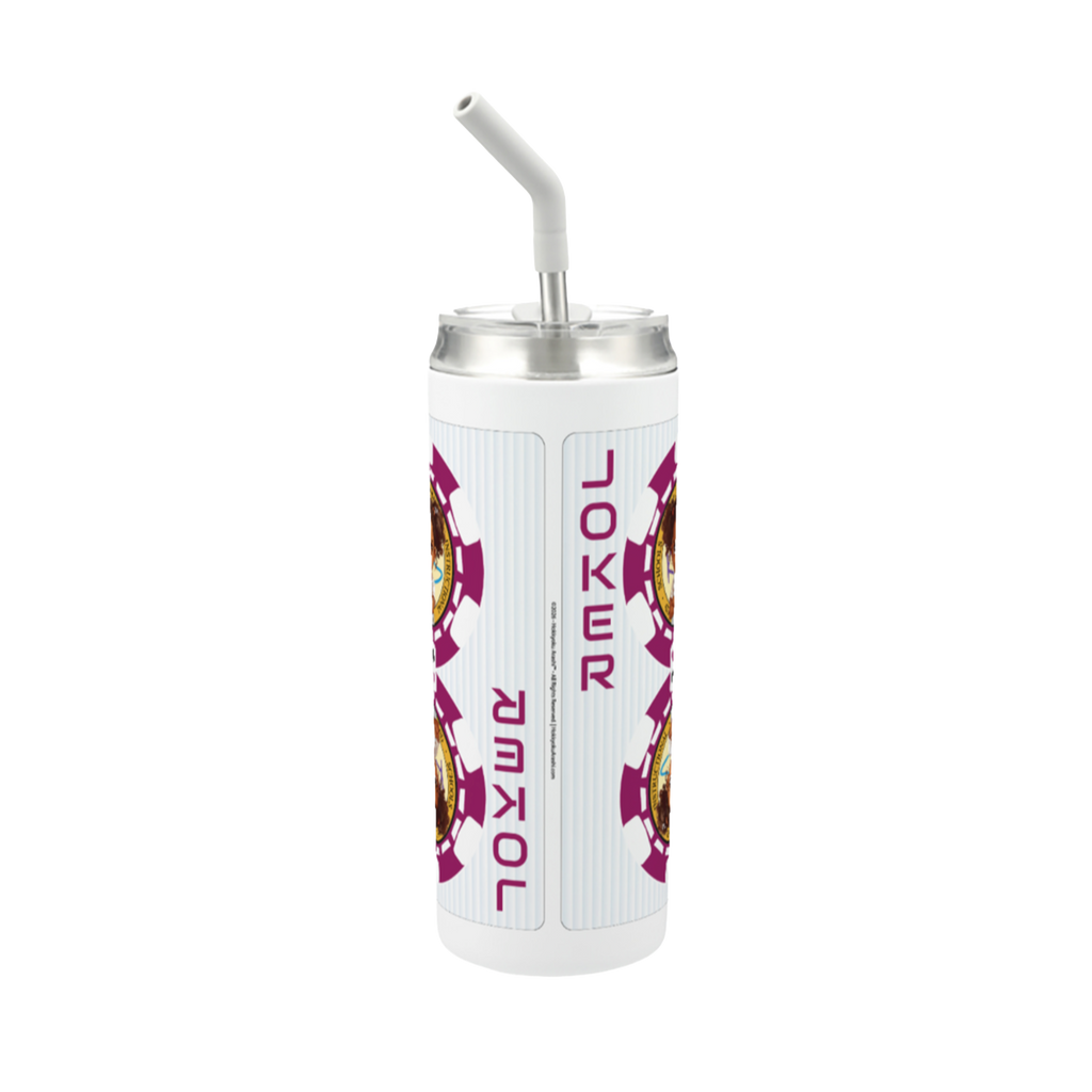 Hokkyoku Arashi™ 20 oz stainless steel tumbler with straw, side view featuring Hokkyoku Arashi™ SHENANIGANS' Red Joker direct UV print on powder coat finish. Copyright ©2026. Hokkyoku Arashi™ — All Rights Reserved. HokkyokuArashi.com