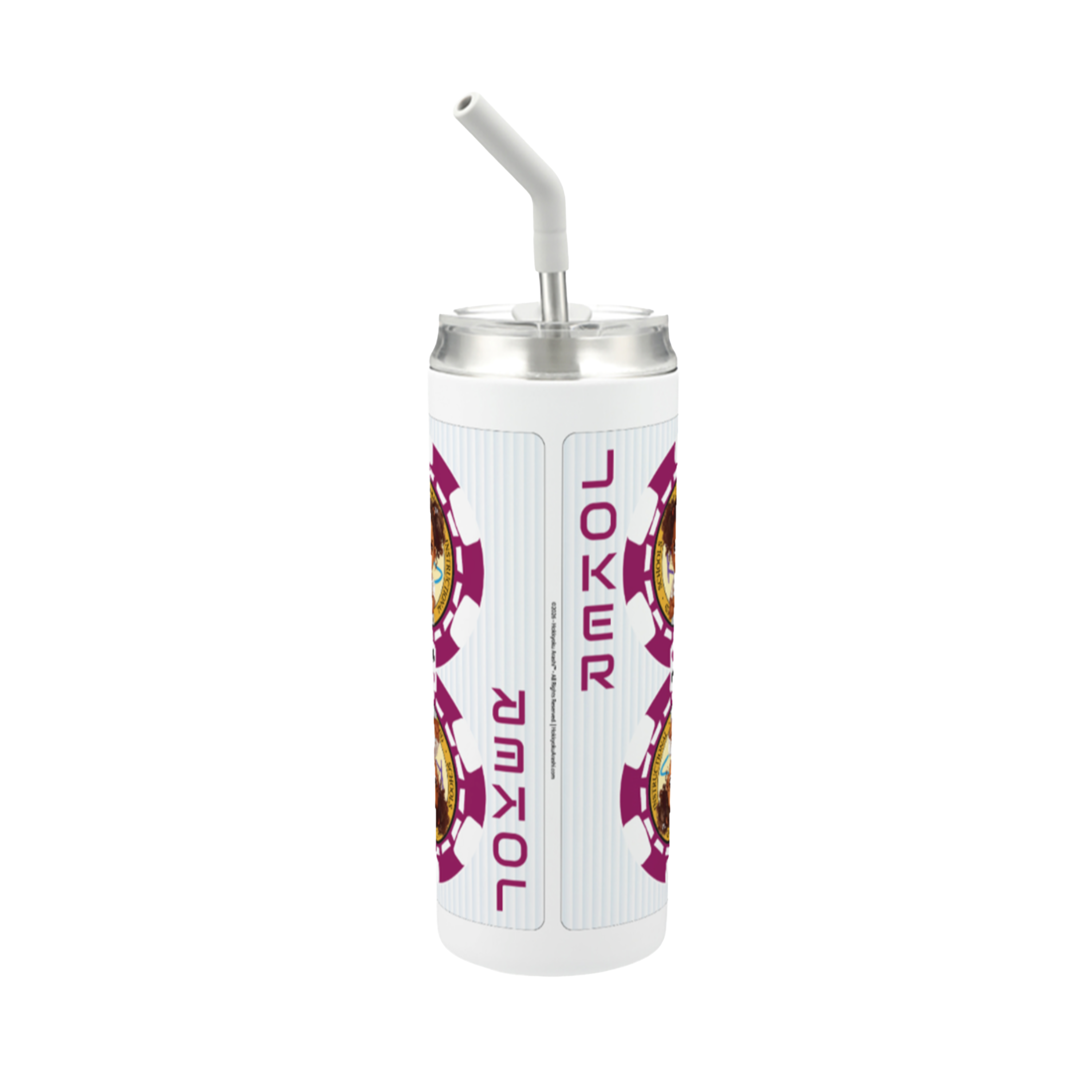 Hokkyoku Arashi™ 20 oz stainless steel tumbler with straw, side view featuring Hokkyoku Arashi™ SHENANIGANS' Red Joker direct UV print on powder coat finish. Copyright ©2026. Hokkyoku Arashi™ — All Rights Reserved. HokkyokuArashi.com