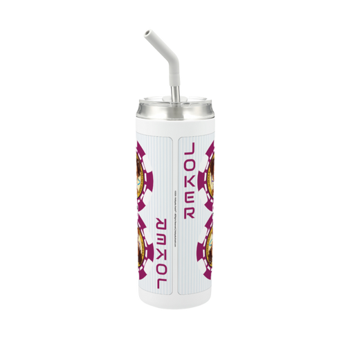 Hokkyoku Arashi™ 20 oz stainless steel tumbler with straw, side view featuring Hokkyoku Arashi™ SHENANIGANS' Red Joker direct UV print on powder coat finish. Copyright ©2026. Hokkyoku Arashi™ — All Rights Reserved. HokkyokuArashi.com