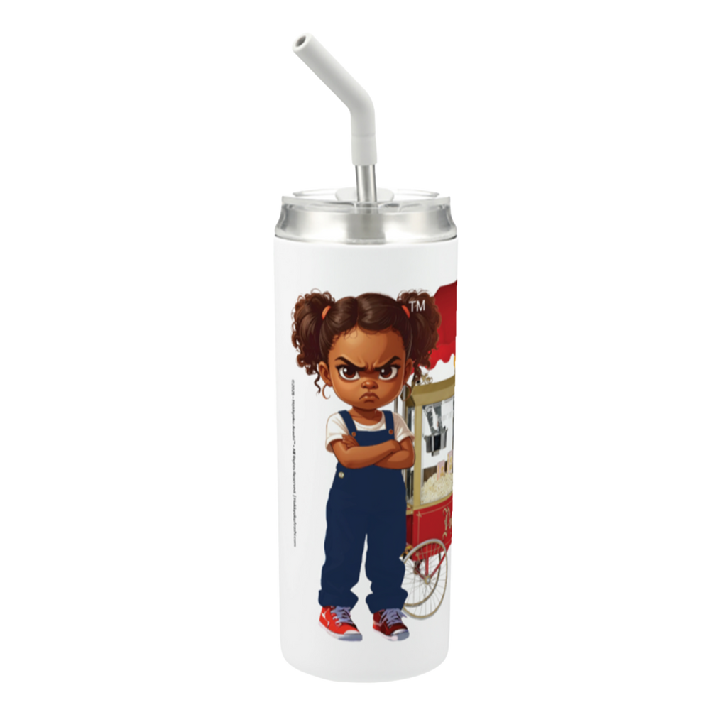 Hokkyoku Arashi™ | The Insistent Crunch — New Release (Tumbler) — Front view featuring Hokkyoku Arashi™ standing arms crossed beside a classic red popcorn cart