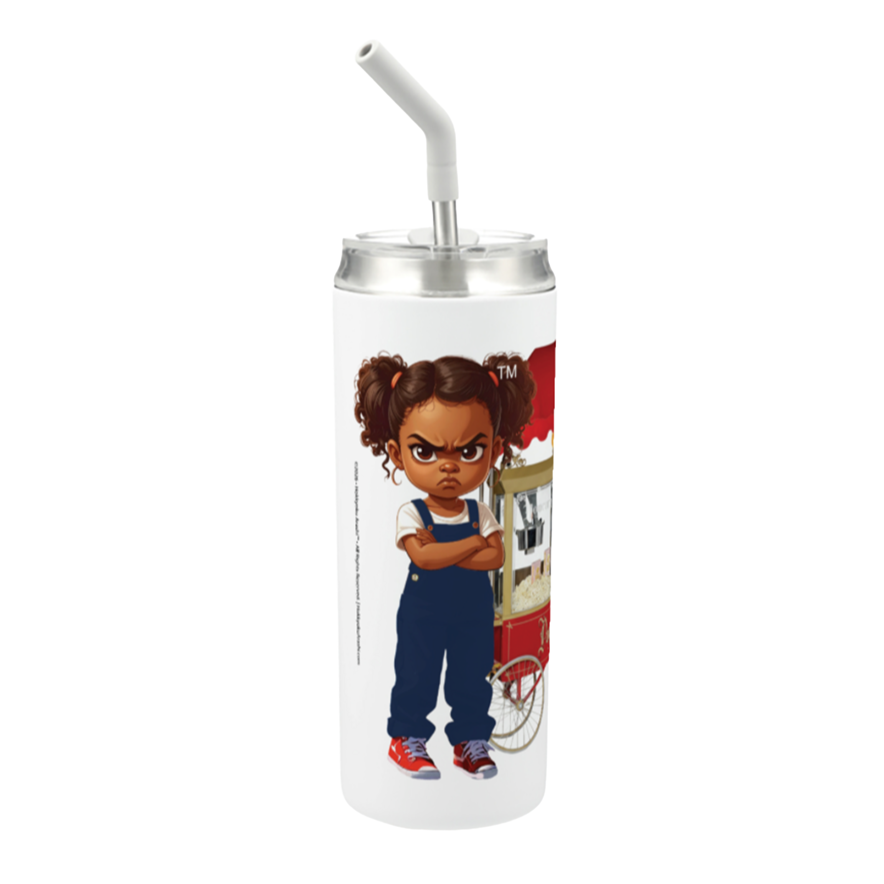 Hokkyoku Arashi™ | The Insistent Crunch — New Release (Tumbler) — Front view featuring Hokkyoku Arashi™ standing arms crossed beside a classic red popcorn cart
