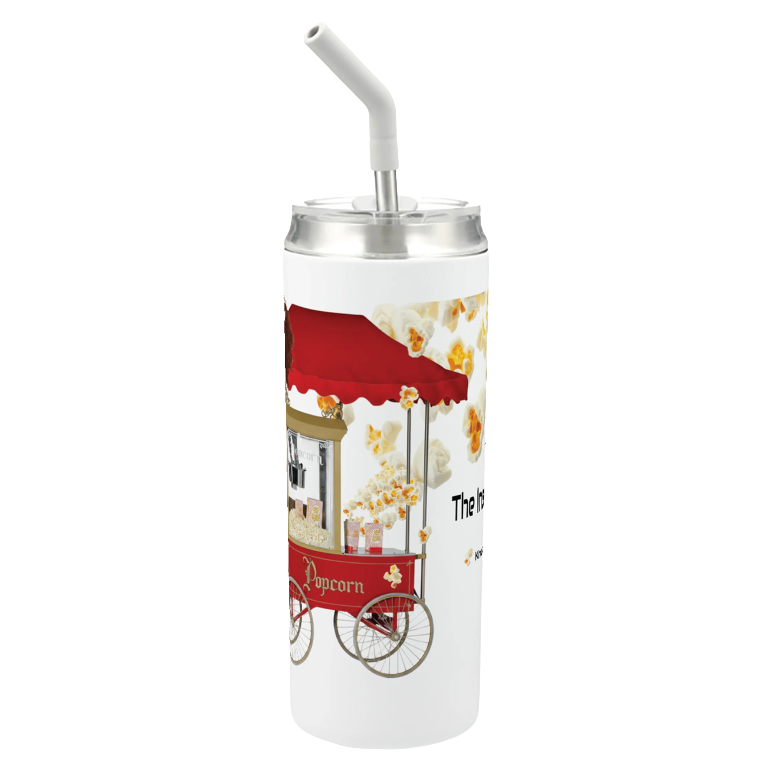 Hokkyoku Arashi™ | The Insistent Crunch — New Release (Tumbler) — Side view featuring the classic red popcorn cart with popcorn flying dramatically