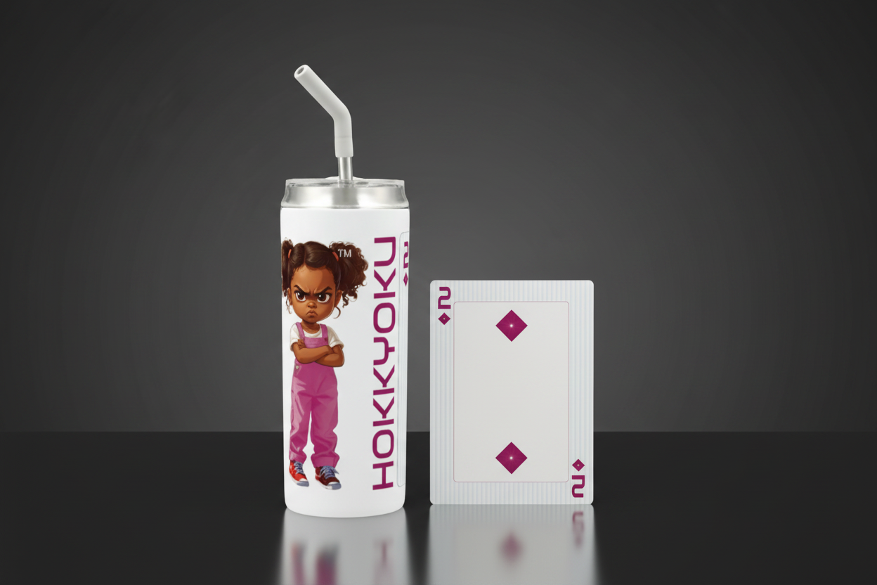Hokkyoku Arashi™ Deck & Sip Bundle, 2D tumbler paired with 2 of Diamonds playing card, front view. Copyright ©2026. Hokkyoku Arashi™ — All Rights Reserved. HokkyokuArashi.com