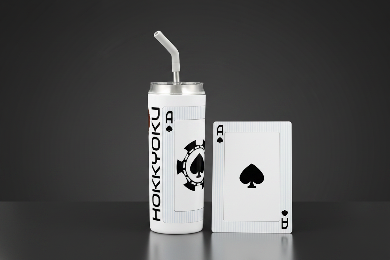 Hokkyoku Arashi™ Deck & Sip Bundle, AS tumbler paired with Ace of Spades playing card, front view. Copyright ©2026. Hokkyoku Arashi™ — All Rights Reserved. HokkyokuArashi.com
