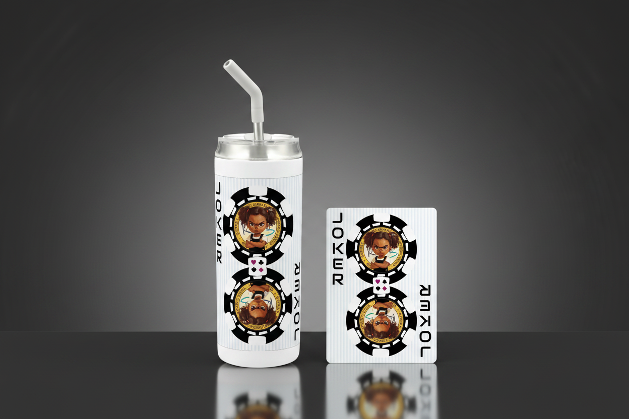 Hokkyoku Arashi™ Deck & Sip Bundle, BJ tumbler paired with Black Joker playing card, front view. Copyright ©2026. Hokkyoku Arashi™ — All Rights Reserved. HokkyokuArashi.com