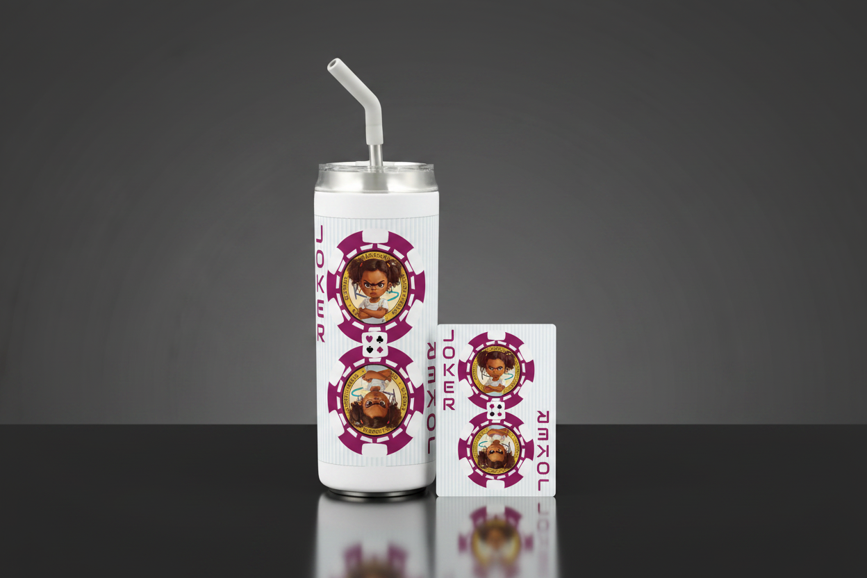 Hokkyoku Arashi™ Deck & Sip Bundle, RJ tumbler paired with Red Joker playing card, front view. Copyright ©2026. Hokkyoku Arashi™ — All Rights Reserved. HokkyokuArashi.com