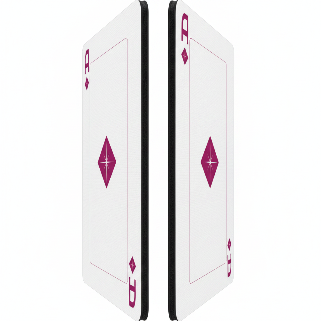Hokkyoku Arashi™ SHENANIGANS Playing Cards, single card cut vertically displaying the premium black core card stock edge with linen embossed texture on the card face. Copyright ©2026. Hokkyoku Arashi™ — All Rights Reserved. HokkyokuArashi.com