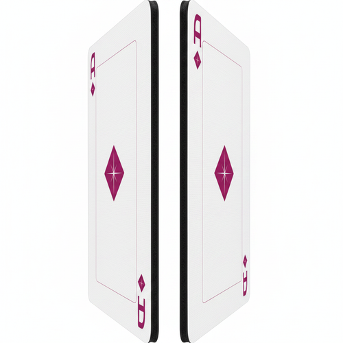 Hokkyoku Arashi™ SHENANIGANS Playing Cards, single card cut vertically displaying the premium black core card stock edge with linen embossed texture on the card face. Copyright ©2026. Hokkyoku Arashi™ — All Rights Reserved. HokkyokuArashi.com