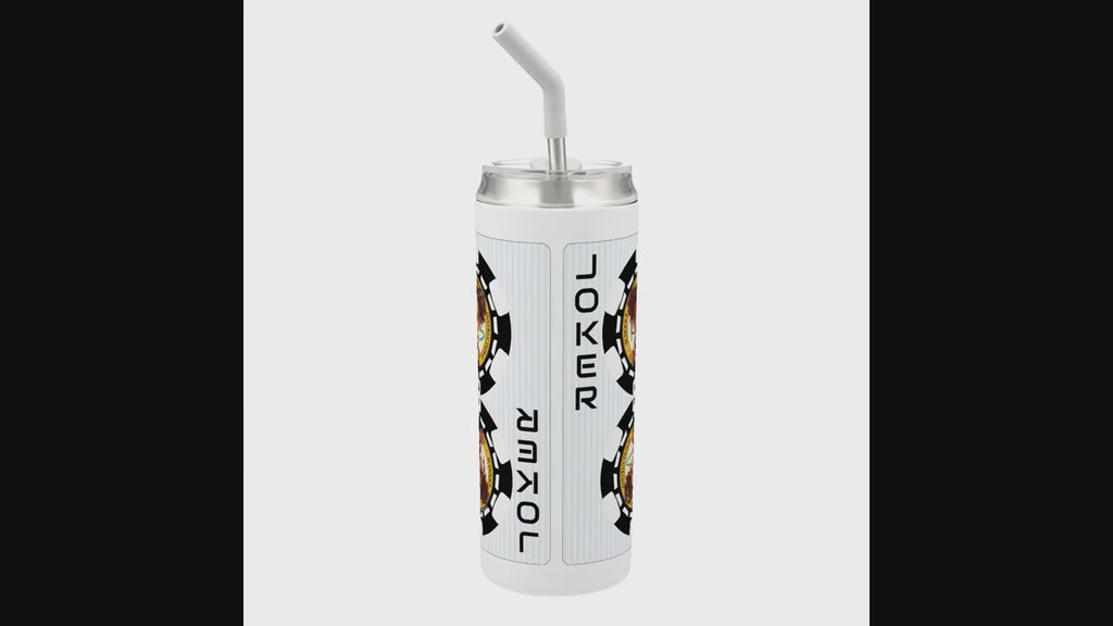 Hokkyoku Arashi™ 20 oz stainless steel tumbler with straw, 360-degree rotating view showcasing Hokkyoku Arashi™ SHENANIGANS™ Black Joker character art direct UV print on white powder coat finish. Copyright ©2026. Hokkyoku Arashi™ — All Rights Reserved. HokkyokuArashi.com