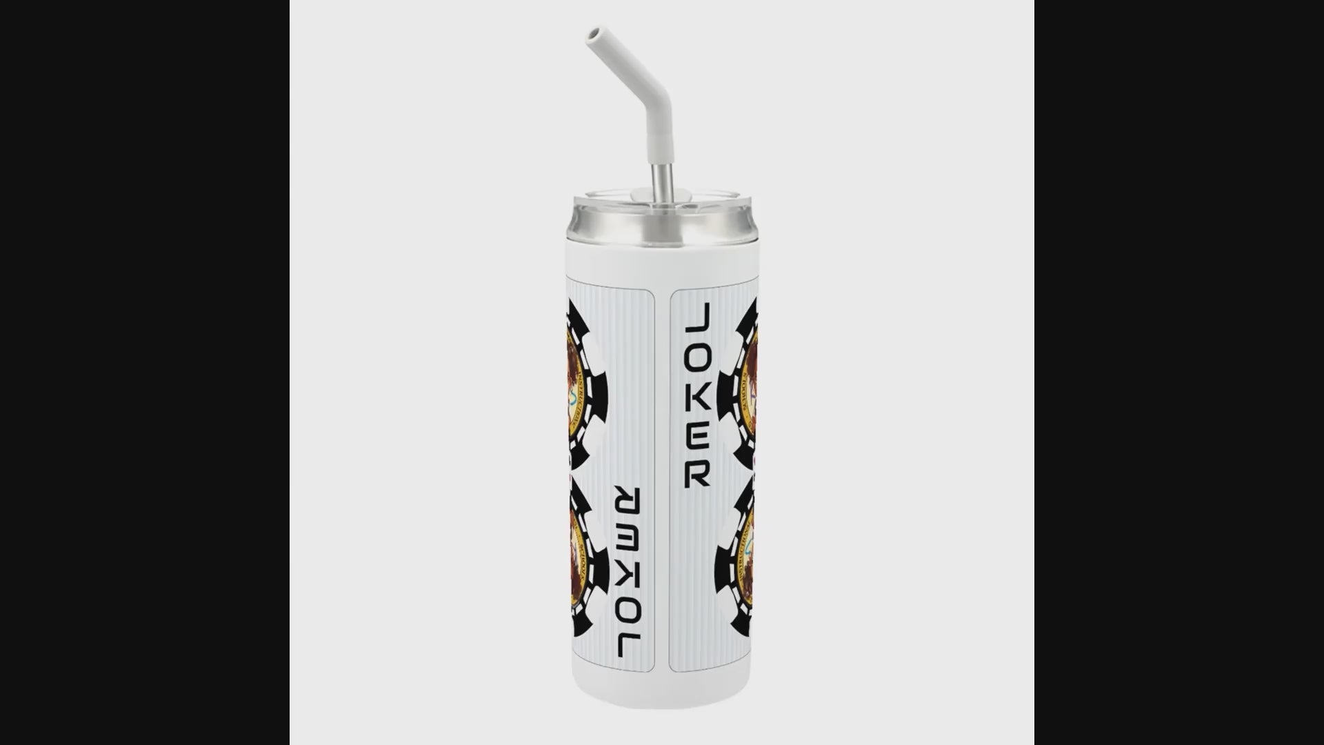 Hokkyoku Arashi™ 20 oz stainless steel tumbler with straw, 360-degree rotating view showcasing Hokkyoku Arashi™ SHENANIGANS™ Black Joker character art direct UV print on white powder coat finish. Copyright ©2026. Hokkyoku Arashi™ — All Rights Reserved. HokkyokuArashi.com