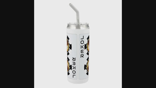 Hokkyoku Arashi™ 20 oz stainless steel tumbler with straw, 360-degree rotating view showcasing Hokkyoku Arashi™ SHENANIGANS™ Black Joker character art direct UV print on white powder coat finish. Copyright ©2026. Hokkyoku Arashi™ — All Rights Reserved. HokkyokuArashi.com